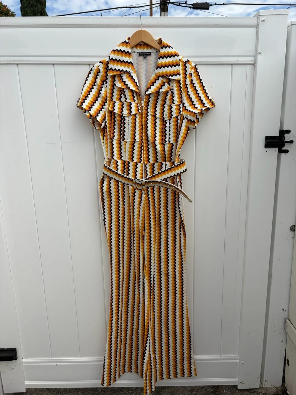 Smack Parlour Retro 1970's Chevron Belted Jumpsuit in Yellow and Brown Sz XL - Picture 6 of 9